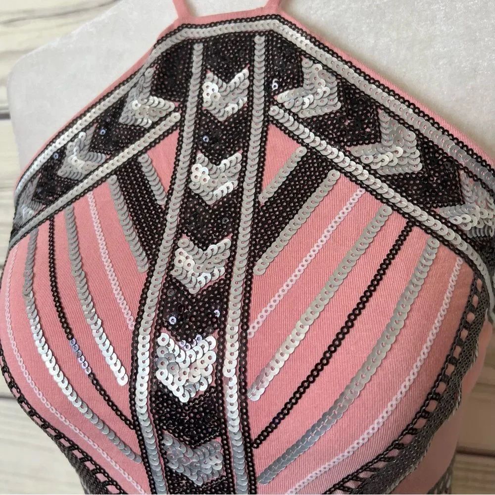 Express Pink Sequin Patterned Halter Bodysuit - Picture 2 of 10